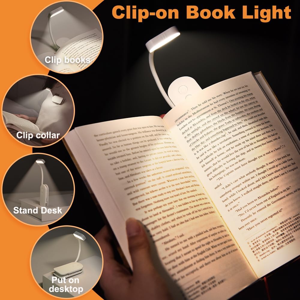 Book Light, Rechargeable Mini Clip on Reading Light with 3 Colors & Foldable Hose, Dimmable LED Book Night Light for Reading in Bed at Night, Gifts for Readers Book Lovers Women Men Kids (White)