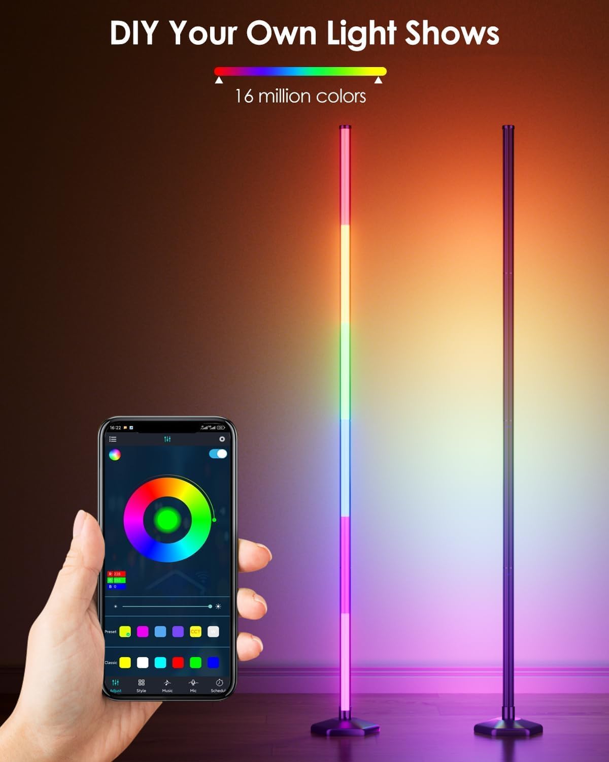 Corner Floor Lamp 2 Packs, Compatible with Alexa & Google Home, Smart RGB LED Corner Lamp with Music Sync 16M Colors 68+ Scene, APP and Remote Control, Ambient Lighting for Bedroom Living Gaming Room