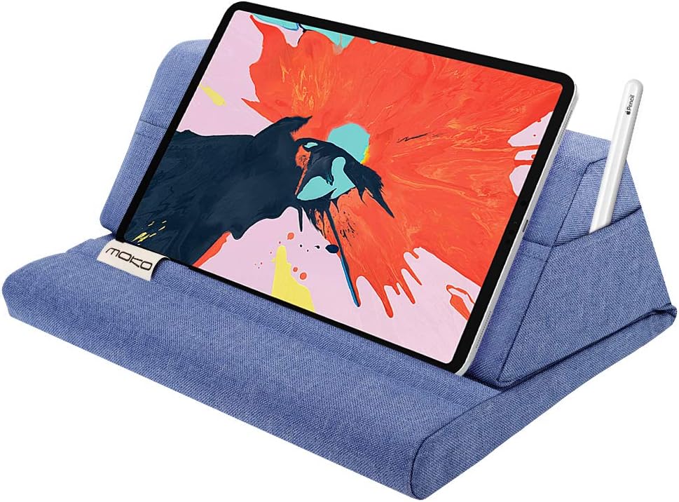 Moko Tablet Pillow Stand, Soft Bed Pillow Holder Xmas Gift for up to 11" Pad, Fits iPad 10.2"(9th Gen), New iPad mini 6 8.3" Air 4/3, iPad Pro 11/10.5/9.7, Mini 5 4, Galaxy Tab S6/S7 11", Denim Blue