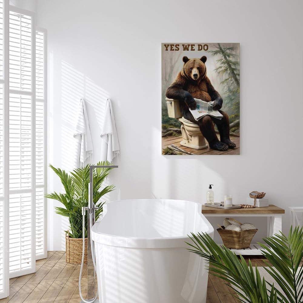 GUBIYU Funny Bathroom Bear Wall Art a Fun Bear Reading in Toliet in the Woods and it Seems Yes We Do Quirky Posters Canvas Painting Picture Humor Animal Wall Decor for Restroom Toliet Bathroom 12"x16"