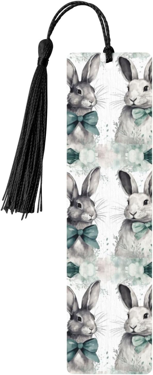 Rabbit with Bow Tie Bookmarks Gifts for Women Men, Wooden Bookmarks for Book Lovers, Vintage Book Marks Ornaments with Tassel, Unique Personalized Reading Page Markers Black