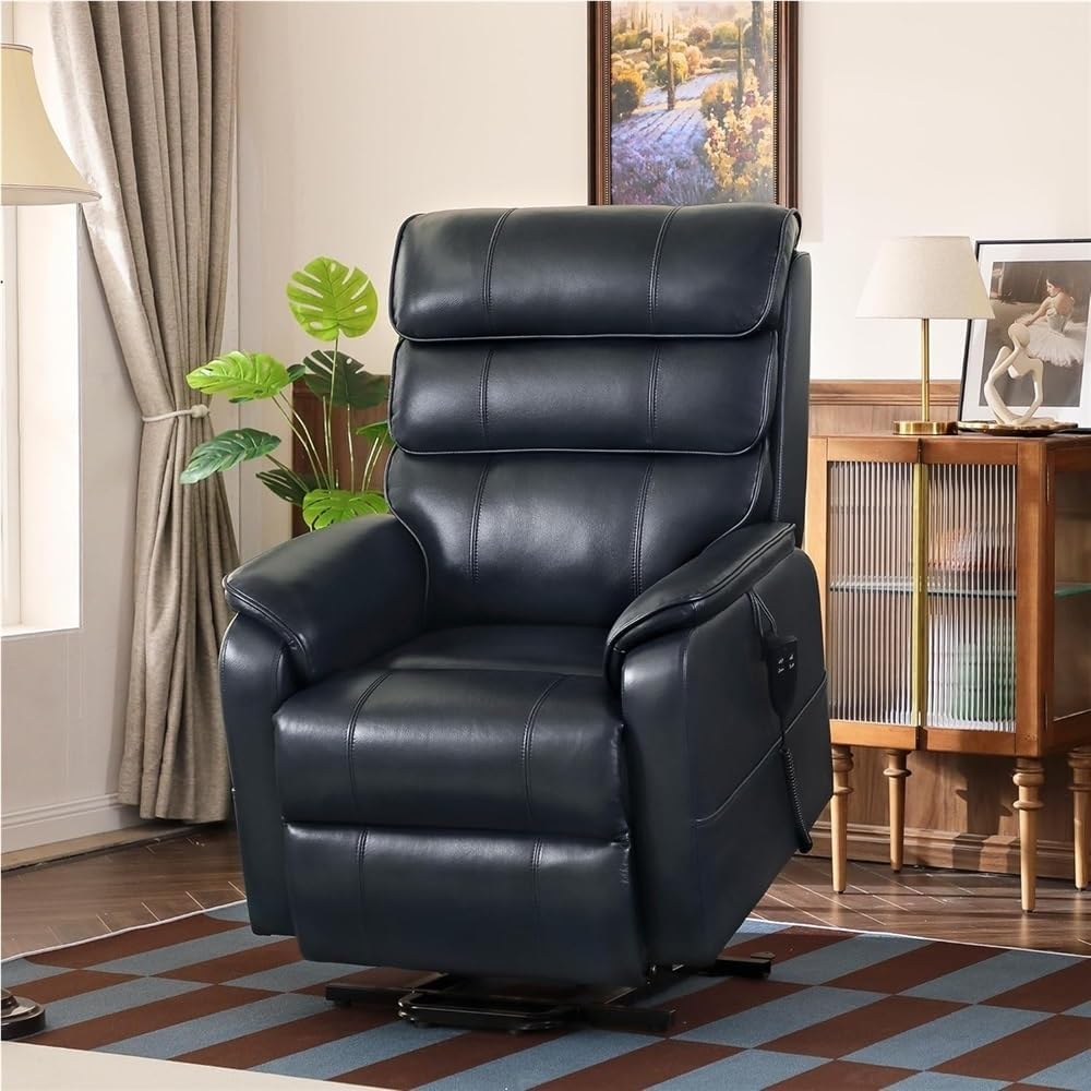 Power Lift Recliner Chair for Elderly Leather Electric Dual Motor Lay Flat Recliner with Massage and Heat Infinite Position Adjustable Dark Blue