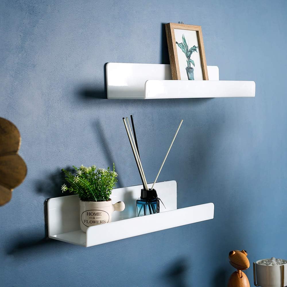 IEEK 6 PCS White Acrylic Floating Shelves Display Ledge,Wall Mounted Nursery Kids Bookshelf,15 Inch Bathroom Wall Shelf and Storage Rack,5mm Thick U Shelf