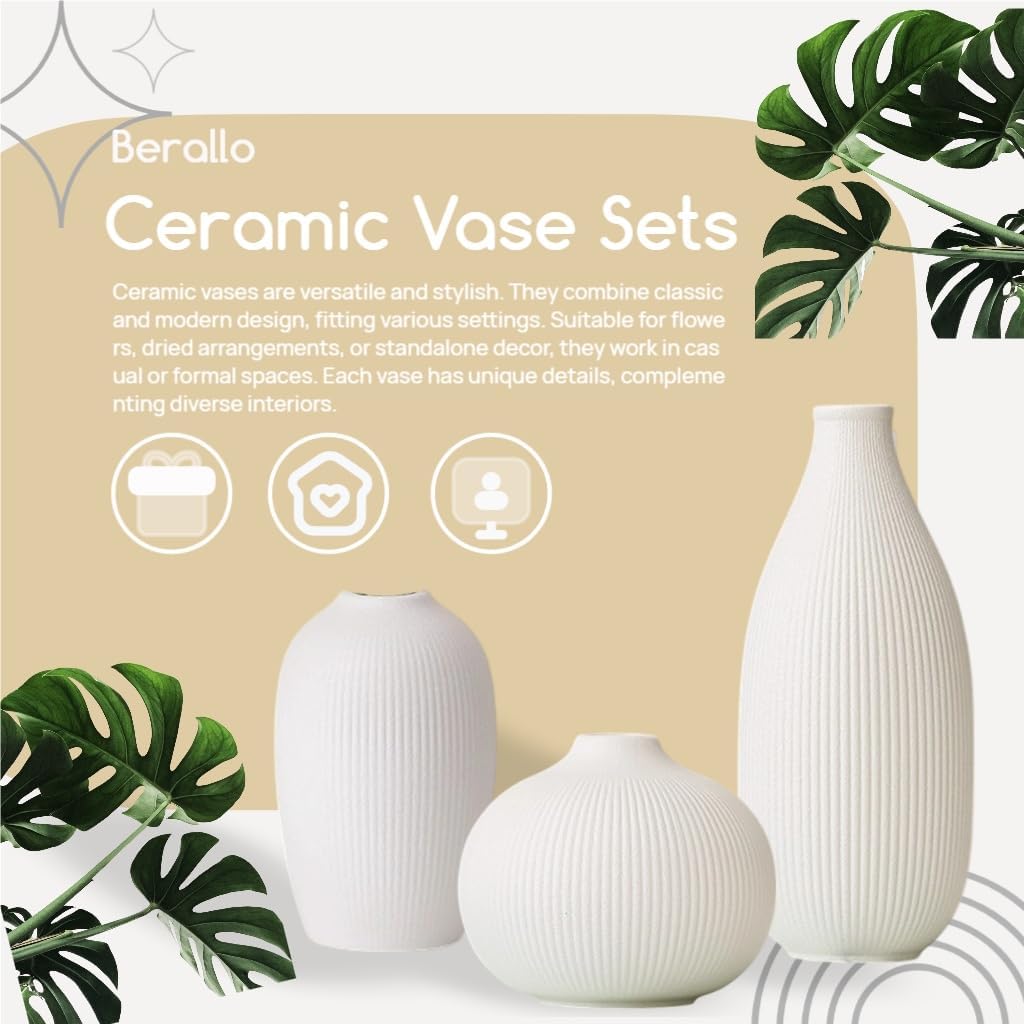 White Ceramic Vase Set of 3 - Small Modern Minimalist Ceramic Bud Vases for Home Decor - Boho Aesthetic Flower Vases for Desk, Shelf & Table, Mantle, Bookshelf (Cute & Versatile) (White)