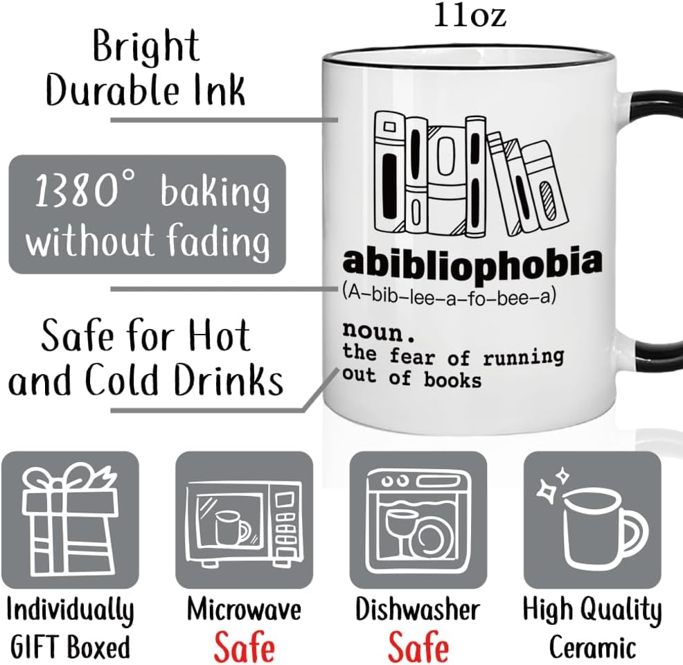 Funny Book Lover Gifts for Women Men Librarian Reader, Novelty Book Mug Gift for Bookworm Booknerd, Abibliophobia Definition Mug 11oz