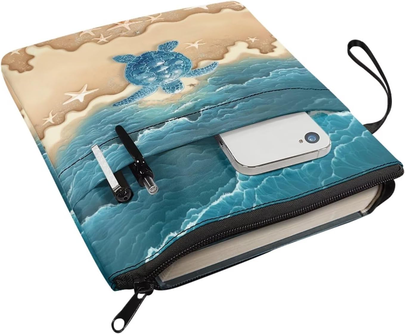 Beach Starfish Sea Turtle Print Book Sleeve for Hardcover Paperback Book Cover Lightweight Bible Bag Storage Pouch Puse Office Supplies for Women Men