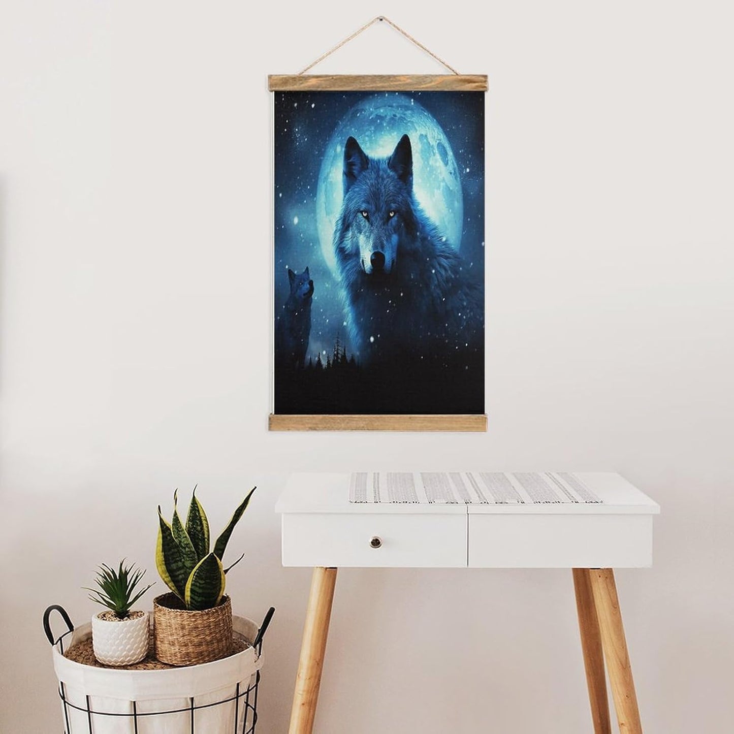 Vintage Wolfs Poster with Wooden Frame Personalized Linen Hanging Scroll Painting Rustic Wall Hanging Illustrative Modern Artwork Decor for Home Living Room Bedroom Office