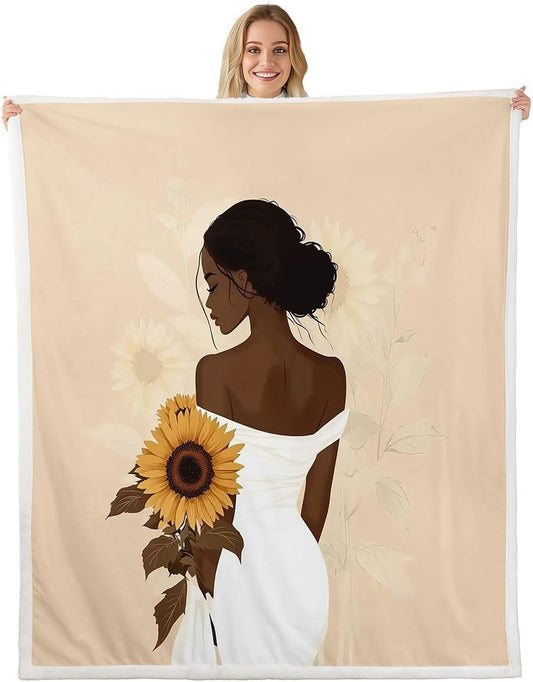 Feelyou Black Woman Throw Blanket African American Soft Fleece Sherpa Cozy Fuzzy Plush Warm Sunflower Fuzzy Plush Throw Throw 50"x60" for Bed Couch Living Room