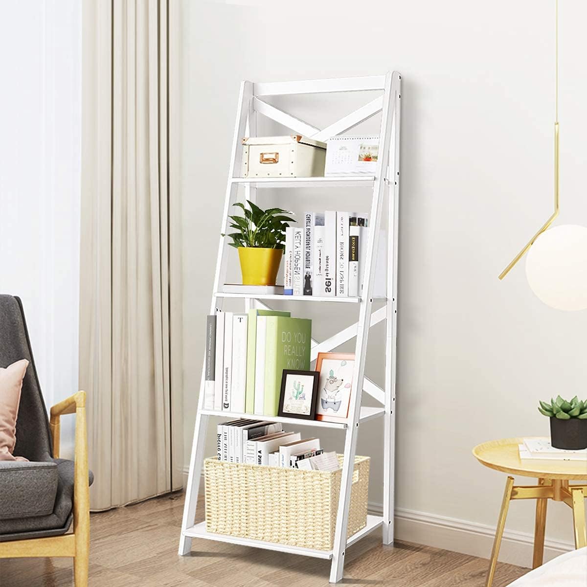 4-Layer Ladder Shelf Rack, Free Standing Wooden Bookcase, Flower Plants Display Shelf, Multifunctional Storage Bookshelf for Entryway Living Room Kitchen Bedroom Office (1, White)