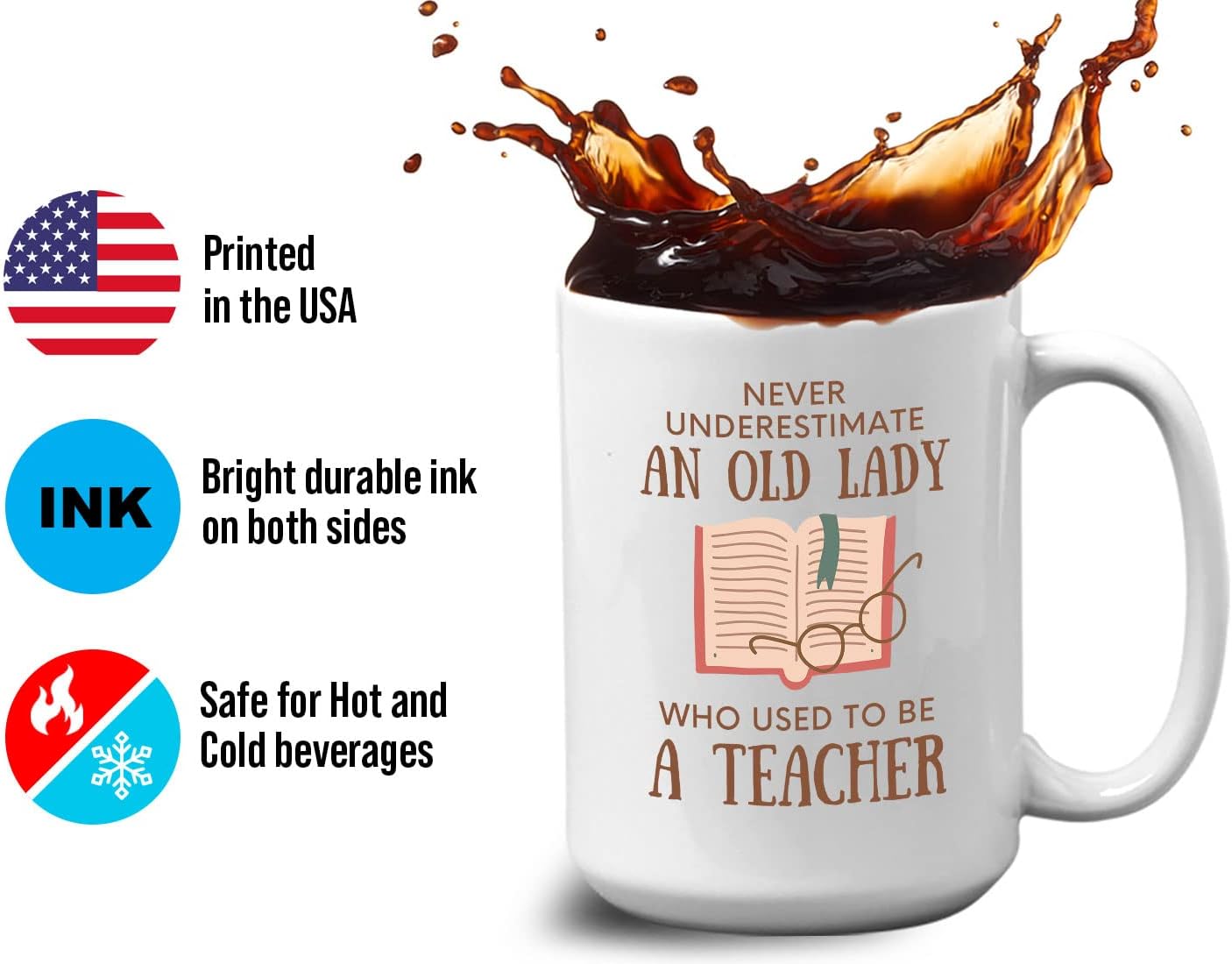 Bubble Hugs Book Lover Coffee Mug 15oz White - Never Underestimate Old Lady - Reading Reader Grandma Retired Teacher Book Lover Bookish Novelist Librarian Writer
