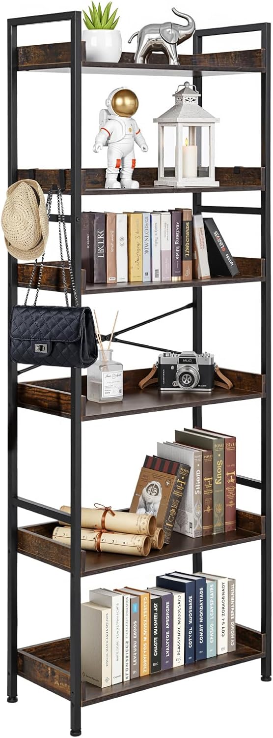 VEVOR Industrial Bookshelf, 6-Tier, Vintage Ladder Shelf Bookshelves and Bookcases, with Metal Frame, Book Organizer with Open Shelves, for Living Room, Bedroom, Kitchen, Home Office, Rustics Brown