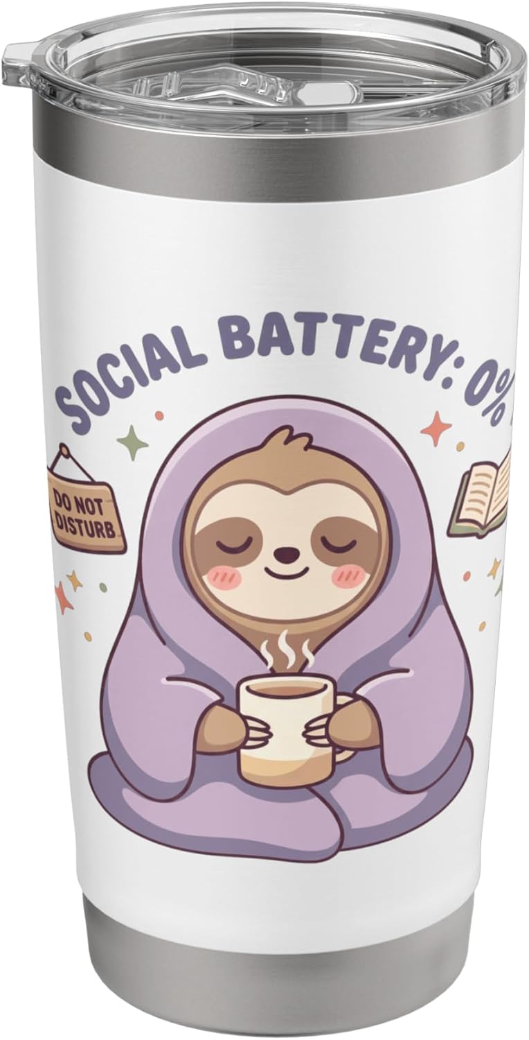 Social Battery 0 Percent Sloth Retro Kawaii Introvert Cozy Stainless Steel Insulated Tumbler
