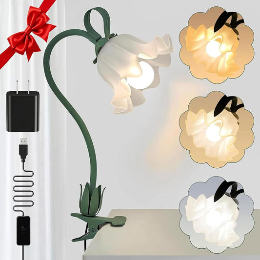 ONXE Clip On Light and Flower Desk Lamp, Flexible Gooseneck Reading Book Light with 3 Color Modes Cute Table Lamp Decor, Clip on Bedside Lamp for Bed Headboard,Table, Nursery,Dorm (Green-02)