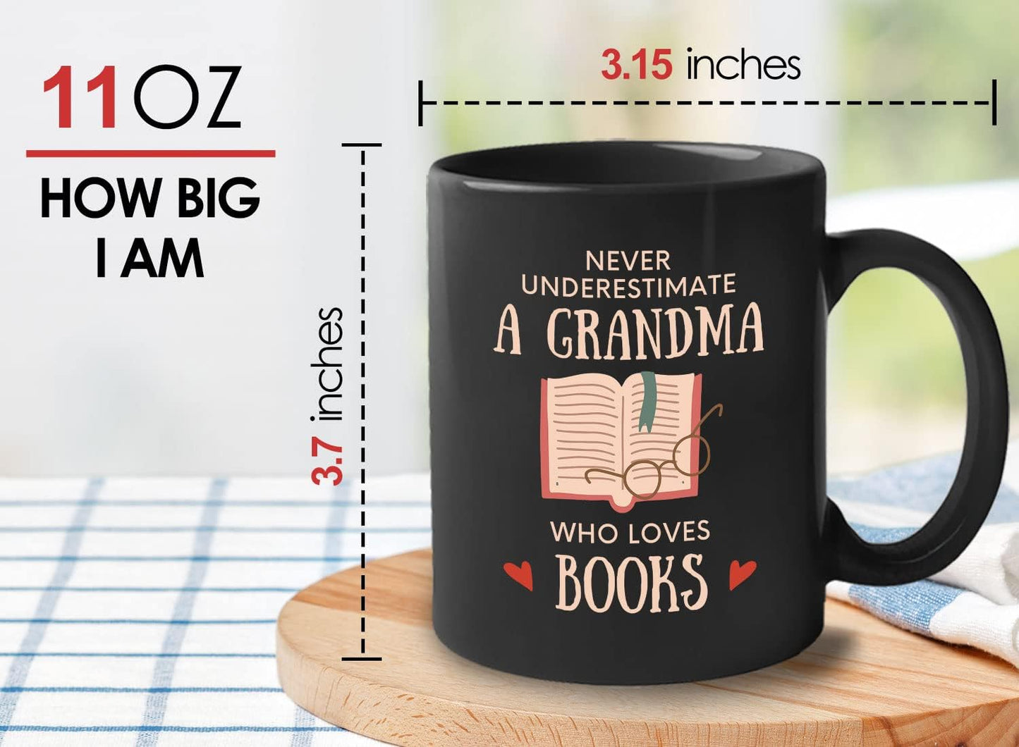 Bubble Hugs Book Lover Coffee Mug 11oz Black - Never Underestimate Grandma - Reading Reader Old Lady Book Lover Bookish Novelist Librarian Writer