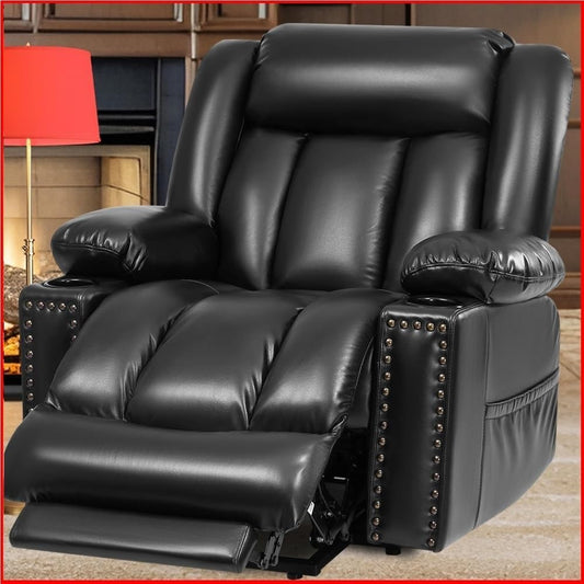 Large Leather Power Lift Recliner Chair for Adults, Heavy Duty Electric Reclining Sofa with Heat & Massage, Extended Footrest, Cup Holders, Side Pockets, Black