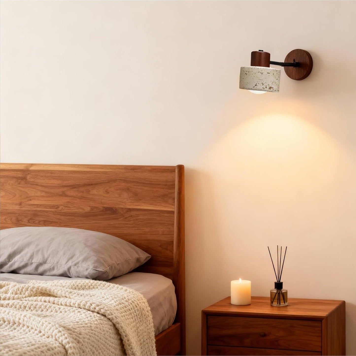 Faux Travertine Wall Sconce, 4.7" Hardwired Wall Mounted Light, 180° Rotatable Mid Century Modern Marble Lamp for Bedroom, Bedside, Reading (E26 Bulb Not Included)