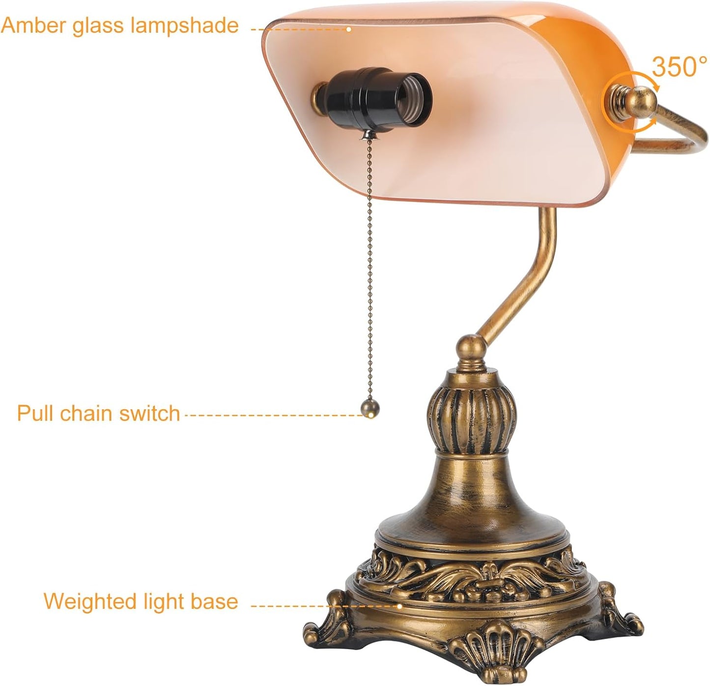 NISSAFORS Bankers Lamp with Pull Switch, Amber Glass Desk Lamp with Retro Black/Gold Finish, Vintage Table Lamps for Living Room, Library, Piano(Amber)