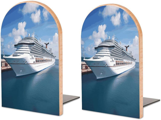 Non-Slip Bookend for Shelves Cruise Ships Wooden Bookends with Metal Base Decorative Book Stopper for Home Heavy Duty Wood Book Storage for Books/CDs