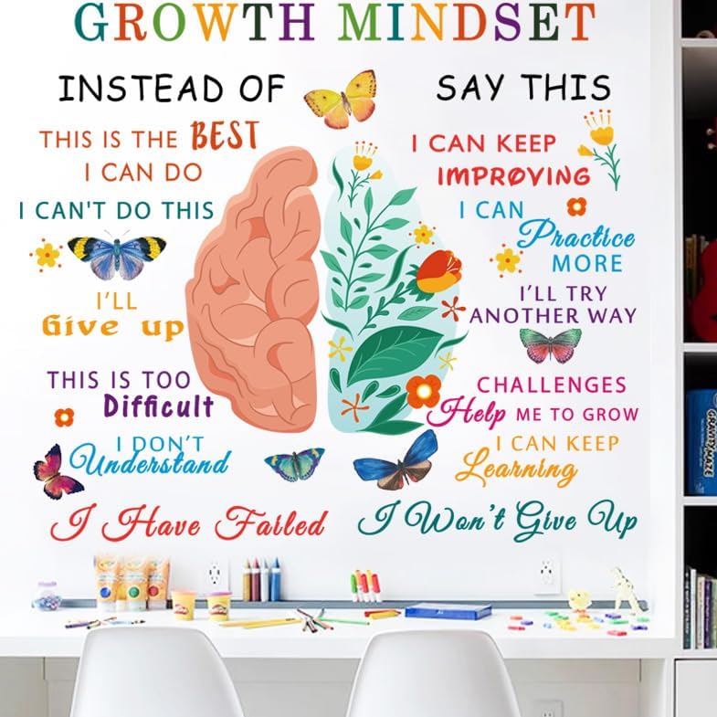 Classroom Growth Mindset Brain Wall Decal Posters Positive Peel and Stick Vinyl Wall Decor Removable Positive Wall Stickers Quotes Saying Wall Art for Teacher Student Classroom Playroom Decor