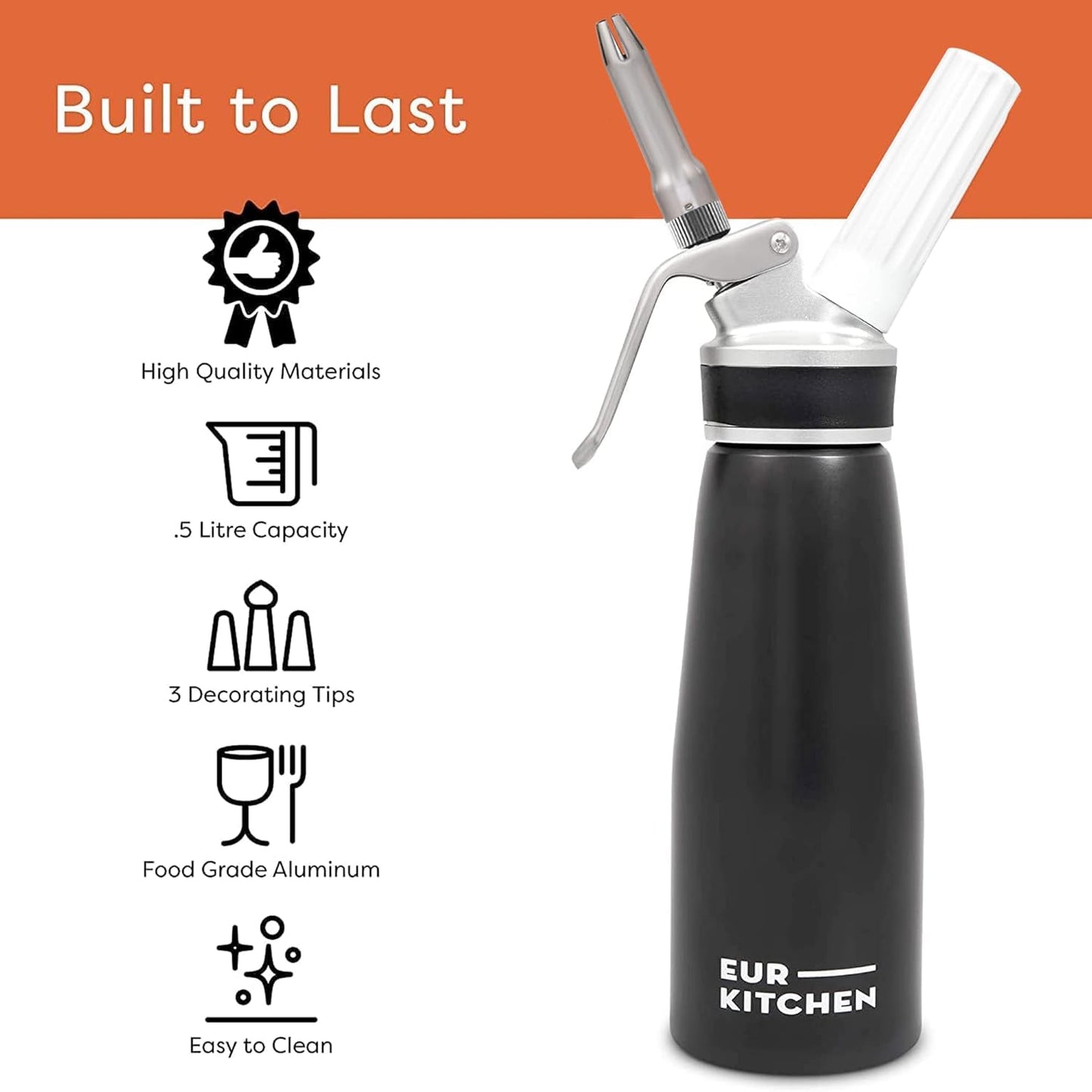 EurKitchen Professional Aluminum Whipped Cream Dispenser - Leak-Free Whip Cream Maker Canister with 3 Decorating Nozzles & Cleaning Brush - 1-Pint / 500 mL - N2O Chargers (Not Included)