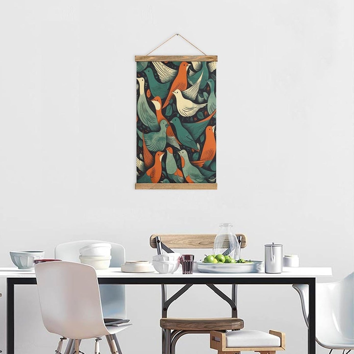 Vintage Flock of Birds Poster with Wooden Frame Personalized Linen Hanging Scroll Painting Rustic Wall Hanging Illustrative Modern Artwork Decor for Home Living Room Bedroom Office