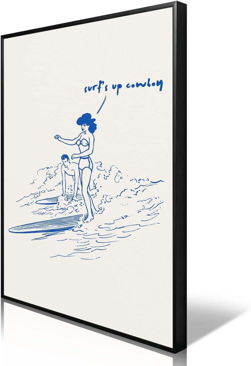 XMJJQQ Surf's Up Coming Poster, Blue Summer Beach Canvas Wall Art, Coastal Cowgirl Cowboy Surfing Print, Surfboard Beachy Room Aesthetic Poster, Cool Minimalist Picture for Bedroom 8x12in Unframed