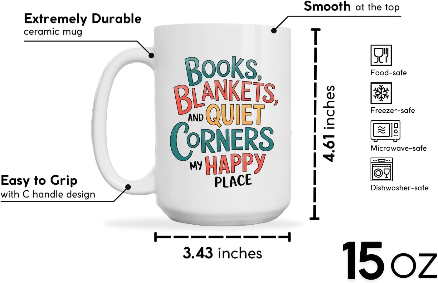 Book Lovers Coffee Mug 15oz White -Blankets Corners - Gift for Book Club Bookworm Bookish Reading Nerdy Avid Readers Women
