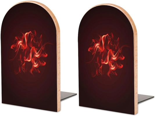 Red Flame Wooden Bookend Non-Slip Book Ends Heavy Duty Book Stopper with Metal Base Books Holderd Decorative Bookends Stands Firmly for Office Supplies