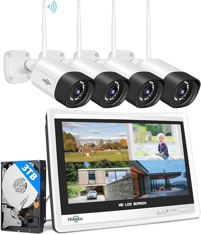 Hiseeu 5MP Wireless Security Camera System with 12" LCD Monitor, 3TB HDD, 10CH 8MP NVR, 2-Way Audio, Color Night Vision, Motion Detection, 24/7 Recording, Expandable Home CCTV Kit, Plug & Play