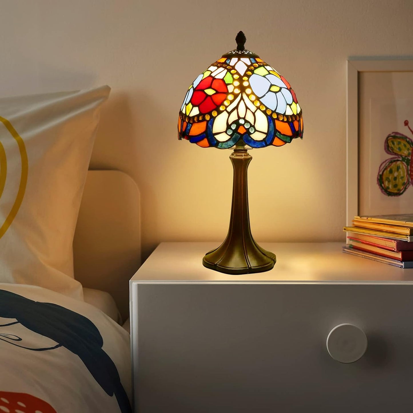 Tiffany Style Table Lamp Heart Rose Floral Vintage Bedside Table Light Desk Lamps Accent Small Lamp 15" Tall 8" Wide Reading Lamp with Color Changing LED Bulb