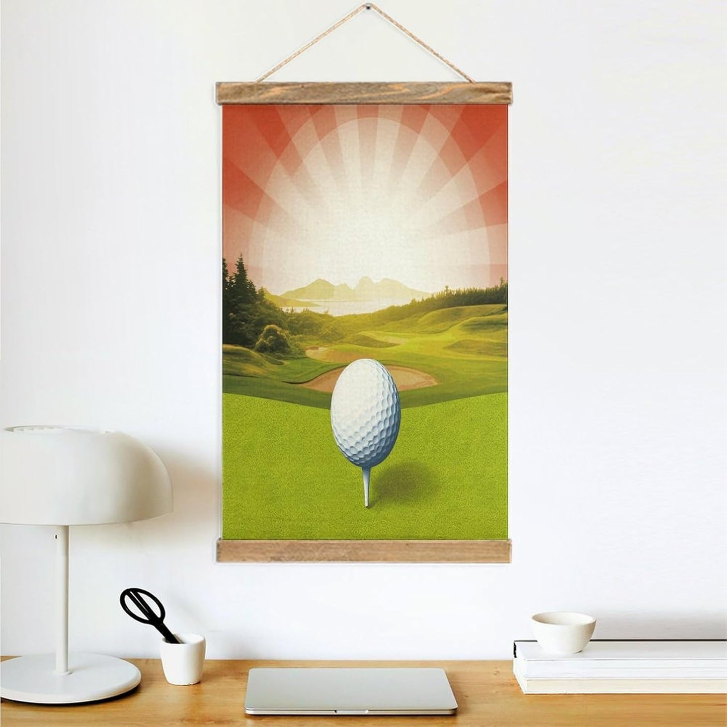 Vintage Golf Sport Poster with Wooden Frame Personalized Linen Hanging Scroll Painting Rustic Wall Hanging Illustrative Modern Artwork Decor for Home Living Room Bedroom Office