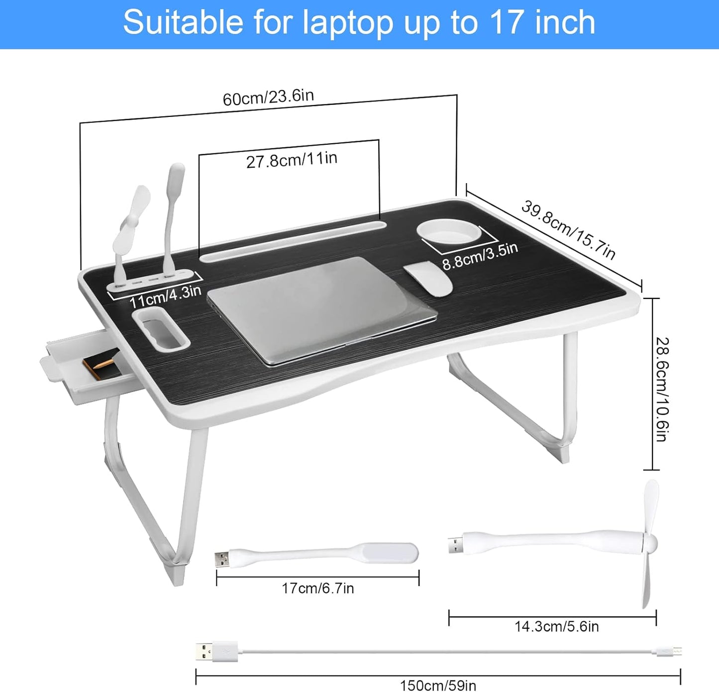 Laptop Bed Table, Lap Desk for Bed, Foldable Laptop Bed Desk with USB Charge Port, Handle, Desktop Card Slot, Cup Slot, Side Drawer, Portable Laptop Table for Bed Eating Reading Working