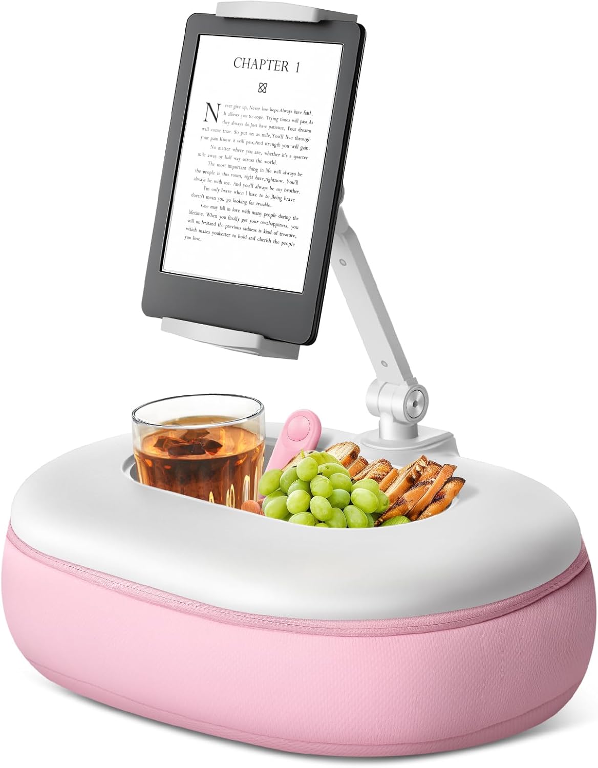 Beanbag Tablet Stand Raises Screen Height, Hands Free Reading Holder, Featuring Snack Bowl and Detachable Base for Cozy Reading in Bed or Couch, Compatible for Kindle, iPad, eBook,Pink