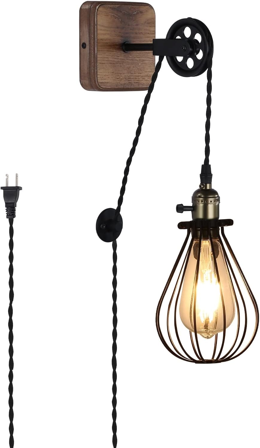 Industrial Wire Cage Plug in Wall Sconces, Black Rustic Hanging Wall Light Fixture Lift Pipe Pulley with Wood Base, On Off Toggle Switch Pendant Lamp Decoration for Reading Living Room Bedroom