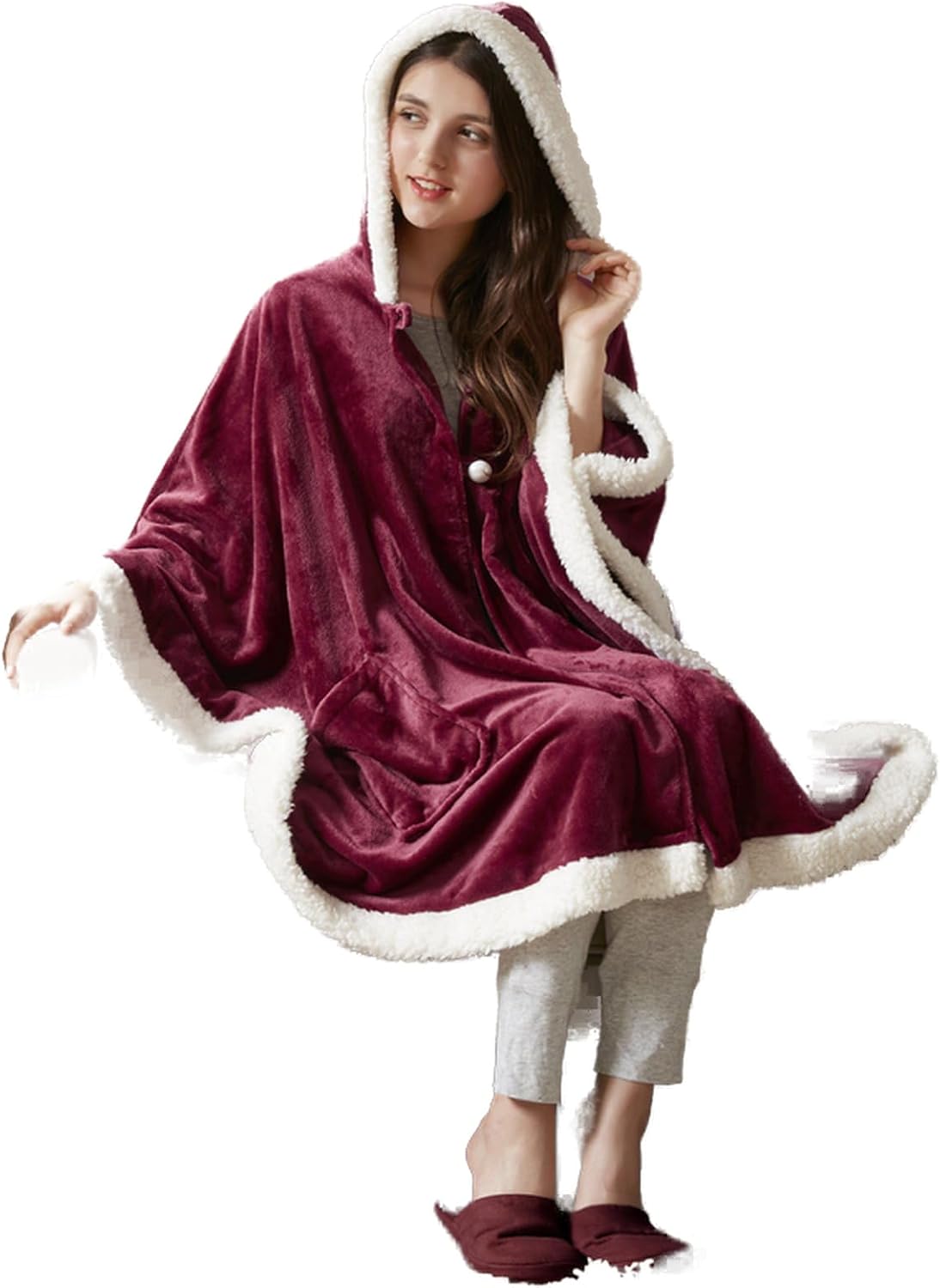 Comfort Spaces Angel Wrap Hooded Wearable Blanket Throw, Ultra Soft Giftable Plush To Sherpa Poncho Blanket Wrap With Pockets, Cozy and Warm Shawl Gift for Her, 58"x72", Red