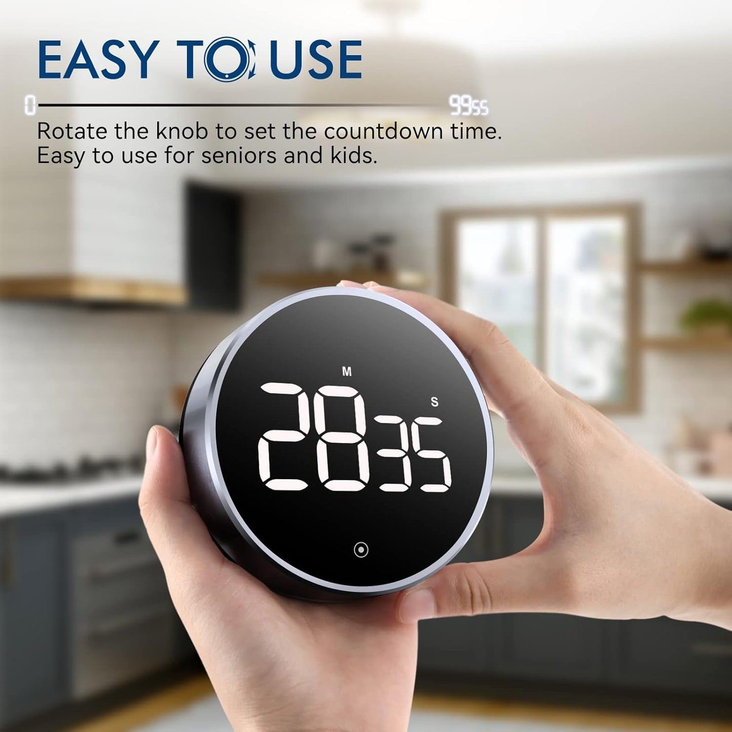 Digital Kitchen Timer, 3.8'' Large LED Display Countdown Countup Timer, Timer for Kids, Classroom Magnetic Timer, Adjustable Volume, Brightness, Easy for Cooking/Study/Office/Exercise (Smooth Knob)
