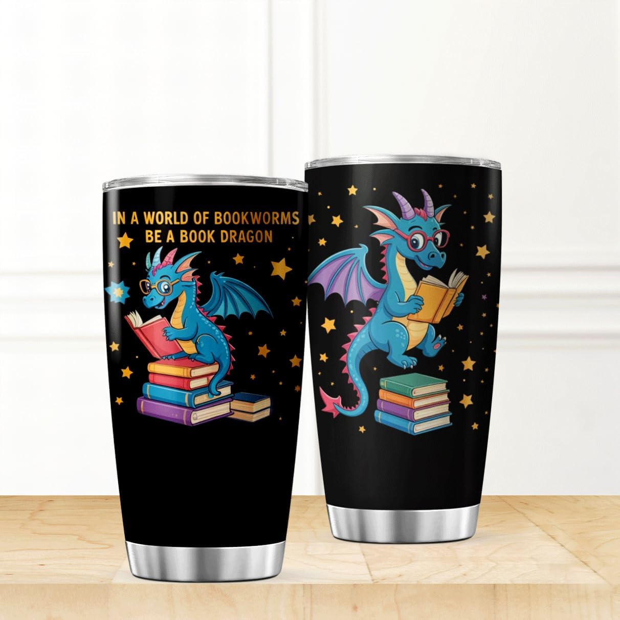 CUBICER Book Dragon Reading Design Stainless Steel 20 Oz Tumbler For Lovers Teachers Students Fantasy Fans Bottle Insulated Hot Cool Coffee Heat Drink Outdoor Travel Iced Mug