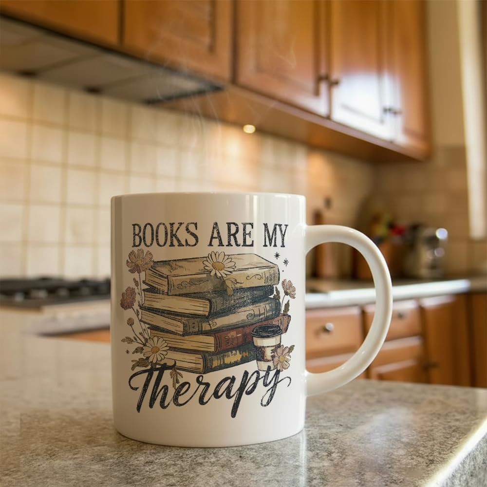 Funny Book Mug Gift for Book Lovers Readers, Books Are My Therapy Novelty Books Gift for Librarian Bookish Bookworm Women 11oz