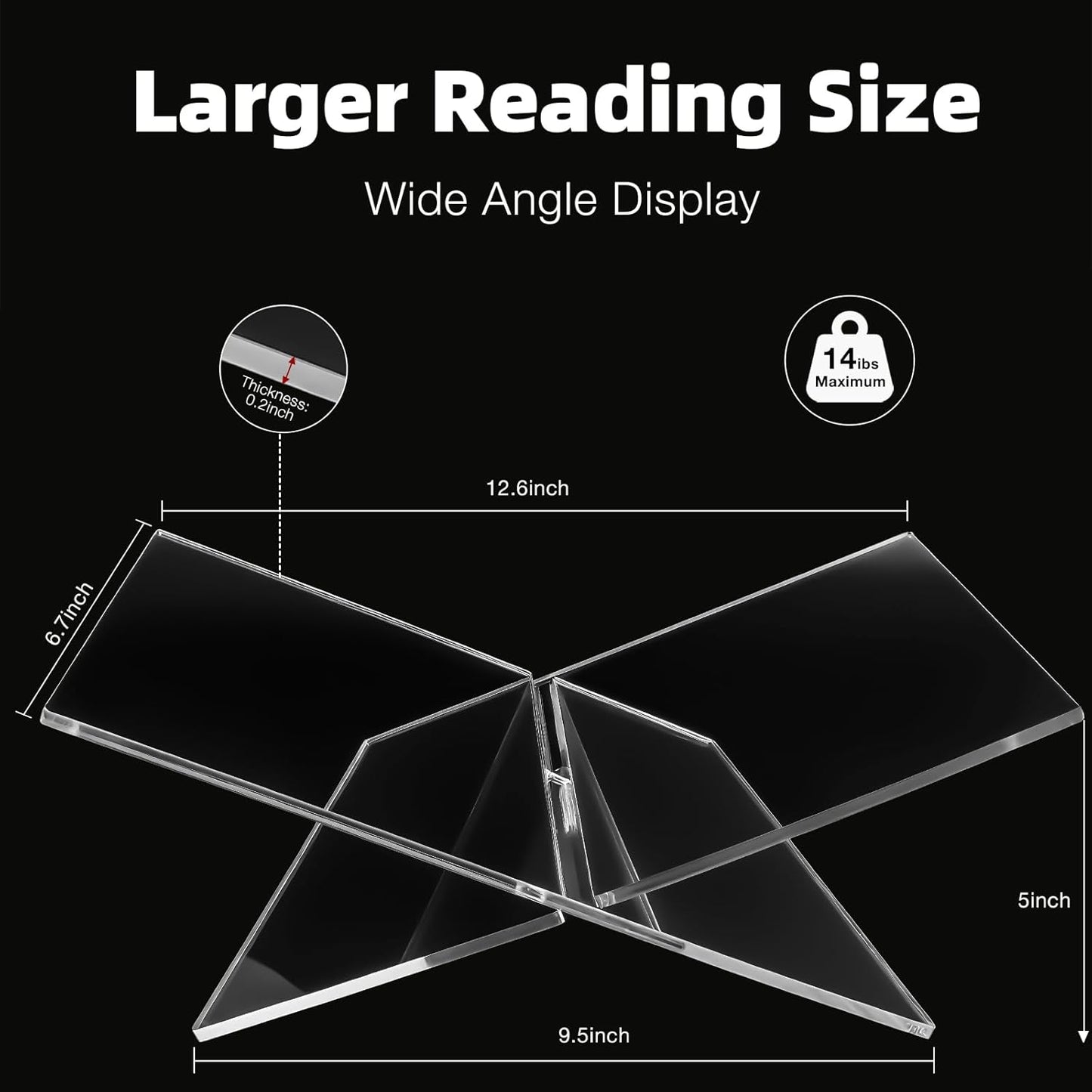 Clear Acrylic Book Stand – Large 12.6 x 6.7 x 5 in Book Holder for Cookbooks, Bibles, Art & Coffee Table Display | 2-Piece Cross Frame Design, Sturdy 0.2in Transparent Acrylic