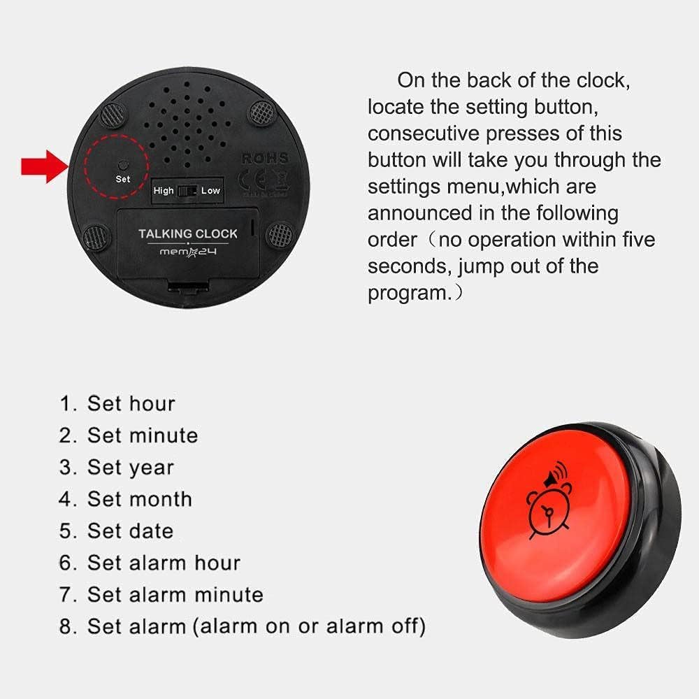 memo24 Talking Button Alarm Clock for The Blind and Visually Impaired, Elderly & Dementia Sufferers. English Male Voice Announces Time/Day/Date, Volume Control Switch, Batteries Included.