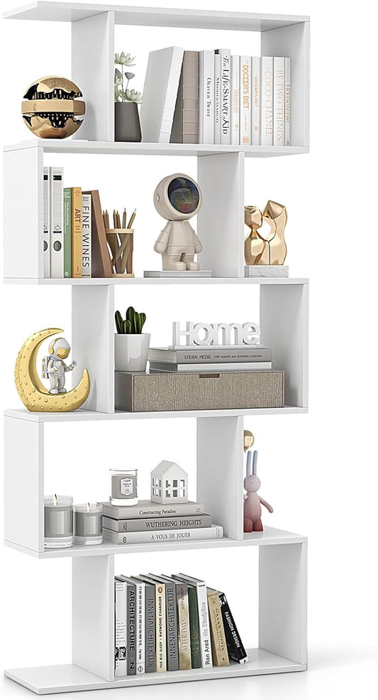 LOKO 5-Tier Bookshelf, S-Shaped Book Case with Anti-Toppling Device, Freestanding Home Organizer Room Divider Display Shelf, Open Storage Rack for Bedroom, Study (1, White)