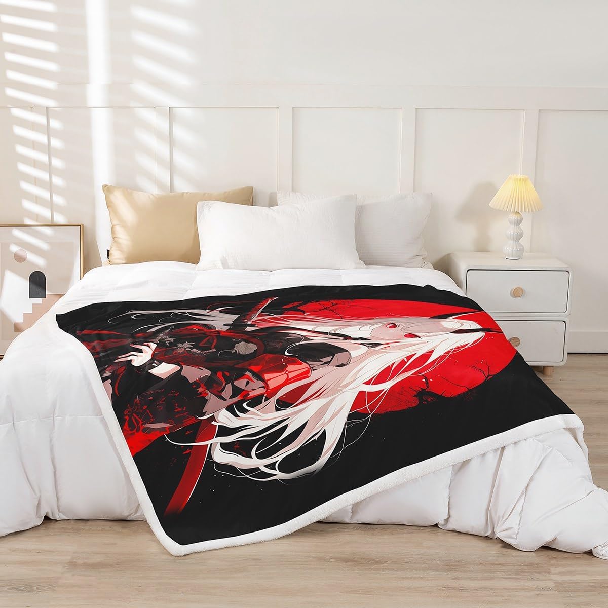 Erosebridal Throw Size Japanese Anime Throw Blanket for Kids, Anime Girl Decor Kawaii Japanese Fleece Sherpa Blanket Cartoon Japan Animation Bed Set for Boys Teen Adult Women Bedroom,Red Black