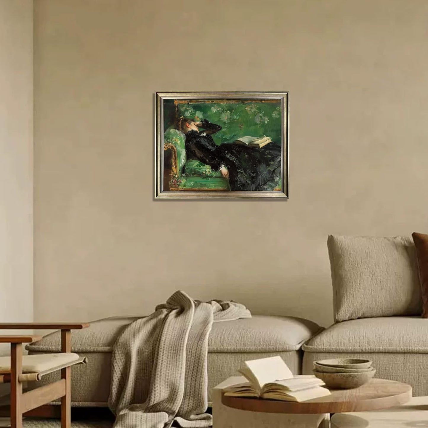 Framed Vintage Oil painting Woman Reading Canvas Print Poster Moody Canvas Wall Art for Living Room Bedroom Decor Home Artwork