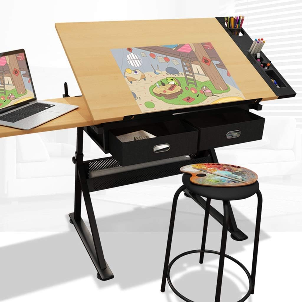 Drawing Tilting Tablet,Drafting Desk, Drafting Table with Storage, Height Adjustable Tiltable Art Desk, Maple Panel Drawing Desk, for Work Study Painting Craft Table