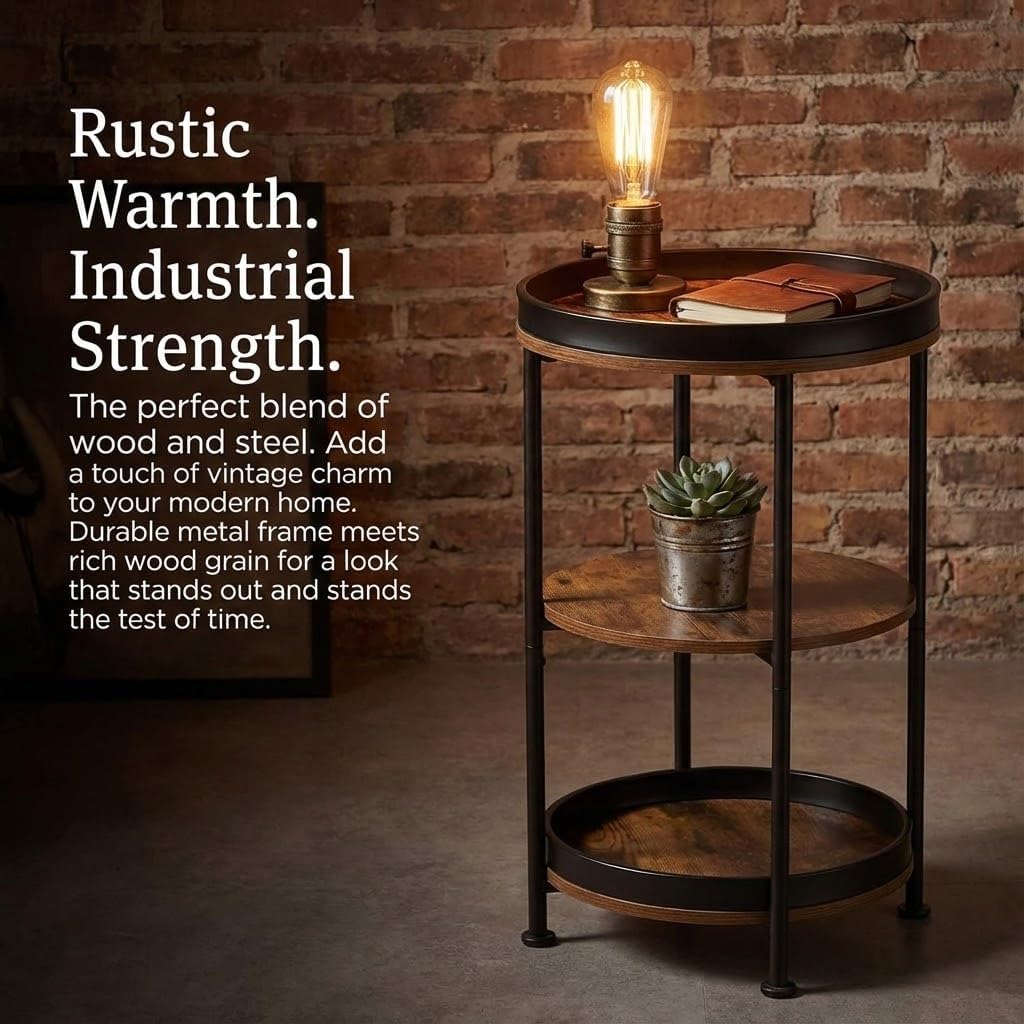 Dulcii Side Table, Round End Table with 3 Storage Shelves for Living Room, Bedroom, Nightstand with Steel Frame for Small Spaces, Industrial Round Sofa Table, Outdoor Accent Coffee Table, Rustic Brown