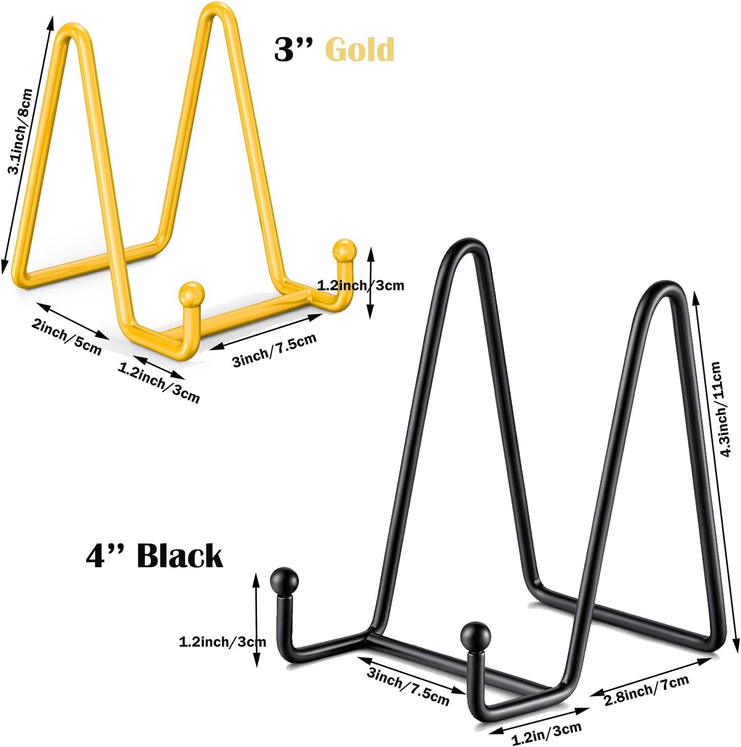 Plate display stand 3 Inch Gold 3‘’ & plate display holder4‘’ 4 Inch Black Metal Plated Kitchen Book Holder/Stand, Wire Metal Easel, Small Photo Stands for Table, Display for Picture Frames, Plaques, & Plates