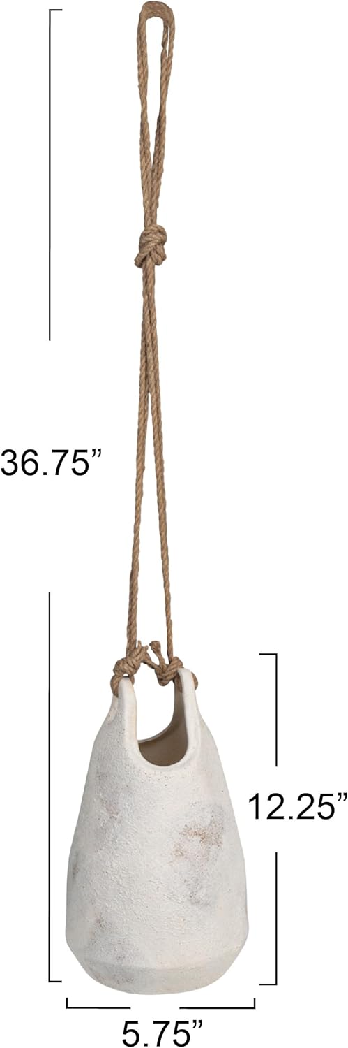 Creative Co-Op Large Stoneware Hanging Planter with Jute Rope Hanger and Distressed Volcano Finish, White