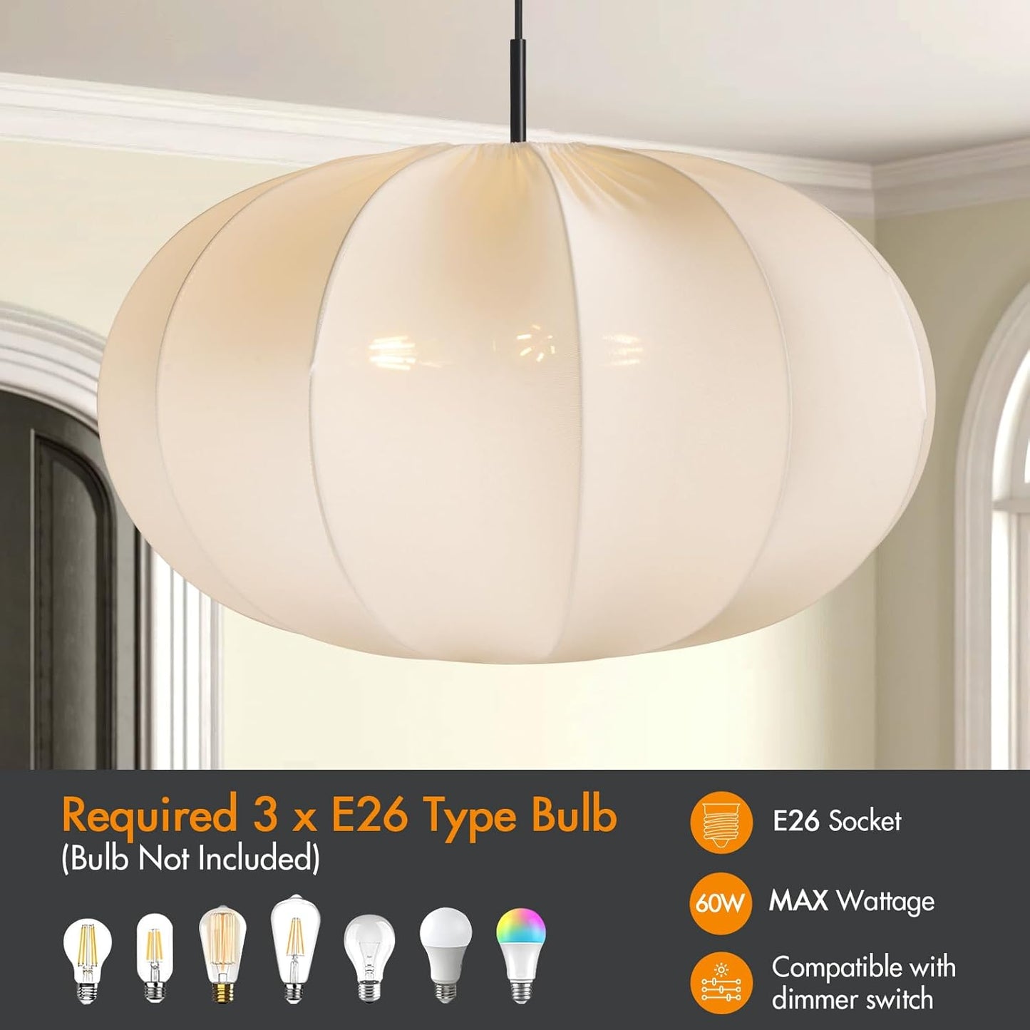 24 Inch Modern Chandelier with Stretch Linen Shade, Adjustable Height Pendant Light for Dining Room, Kitchen Island, Living Room, and Entryway Ceiling Light Fixtures