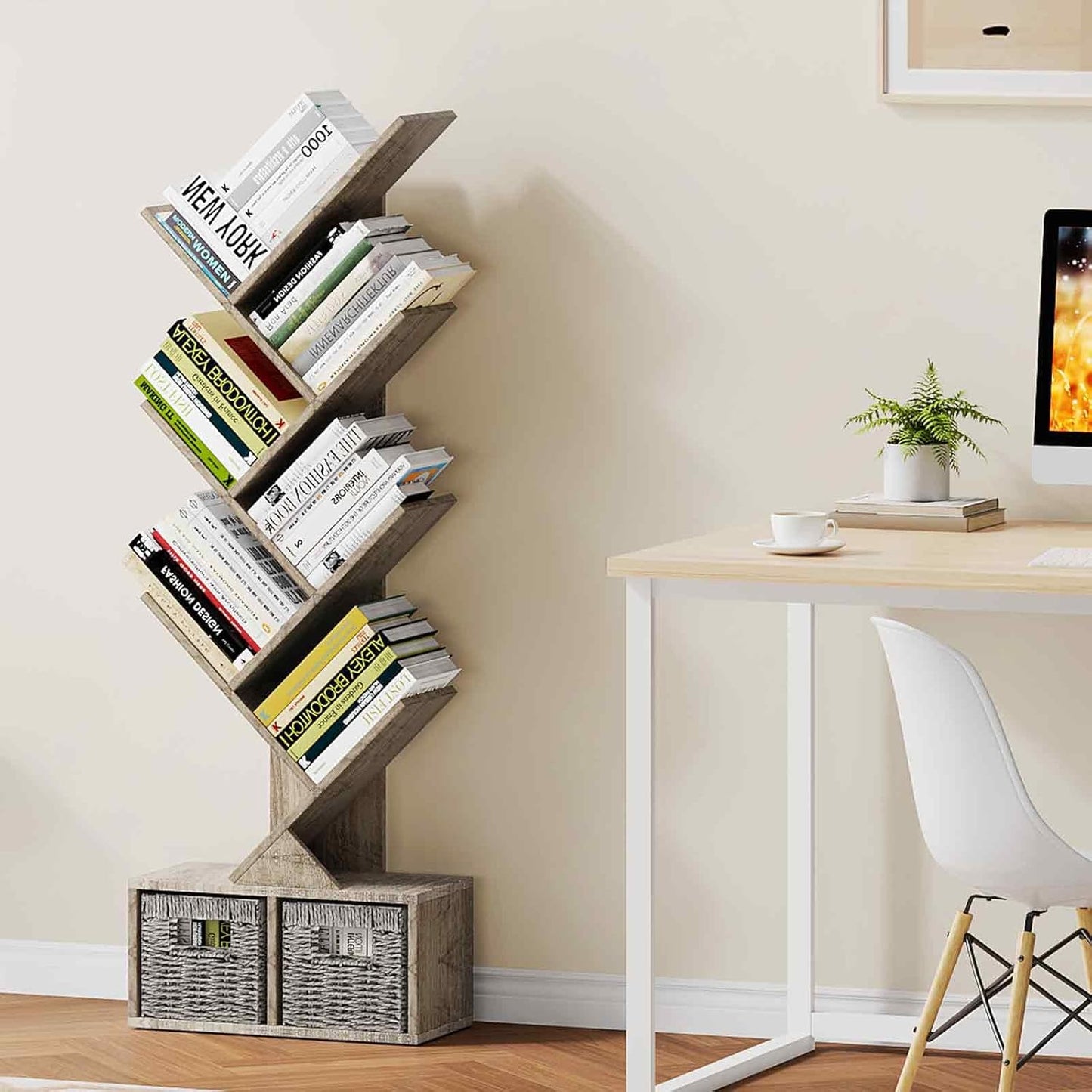 Vagusicc 6 Tier Tree Bookshelf with 2 Storage Cabinets, Tall Display Shelf Organizer for Books, Magazines, Home Decor, Narrow Wooden Floor Standing Bookcase for Living Room, Home Office, Grey