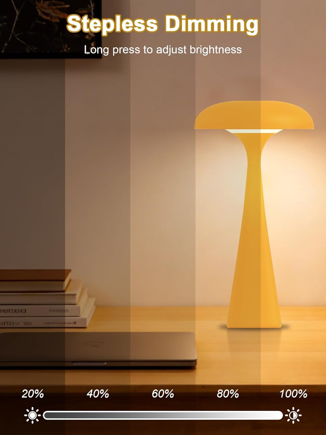 Cordless Table Lamp,Touch LED Reading Light,Cute Desk Lamp with 3 Colors Dimmable,Rechargeable Small Mushroom Lamp,Vintage Aesthetic Lamp for Bedroom Living Room Dorm Decor(Yellow)